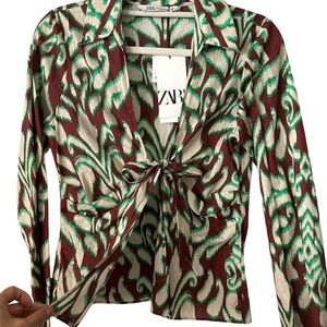 ZARA The Selena Blouse Long Sleeves Green Cotton Small BNWT